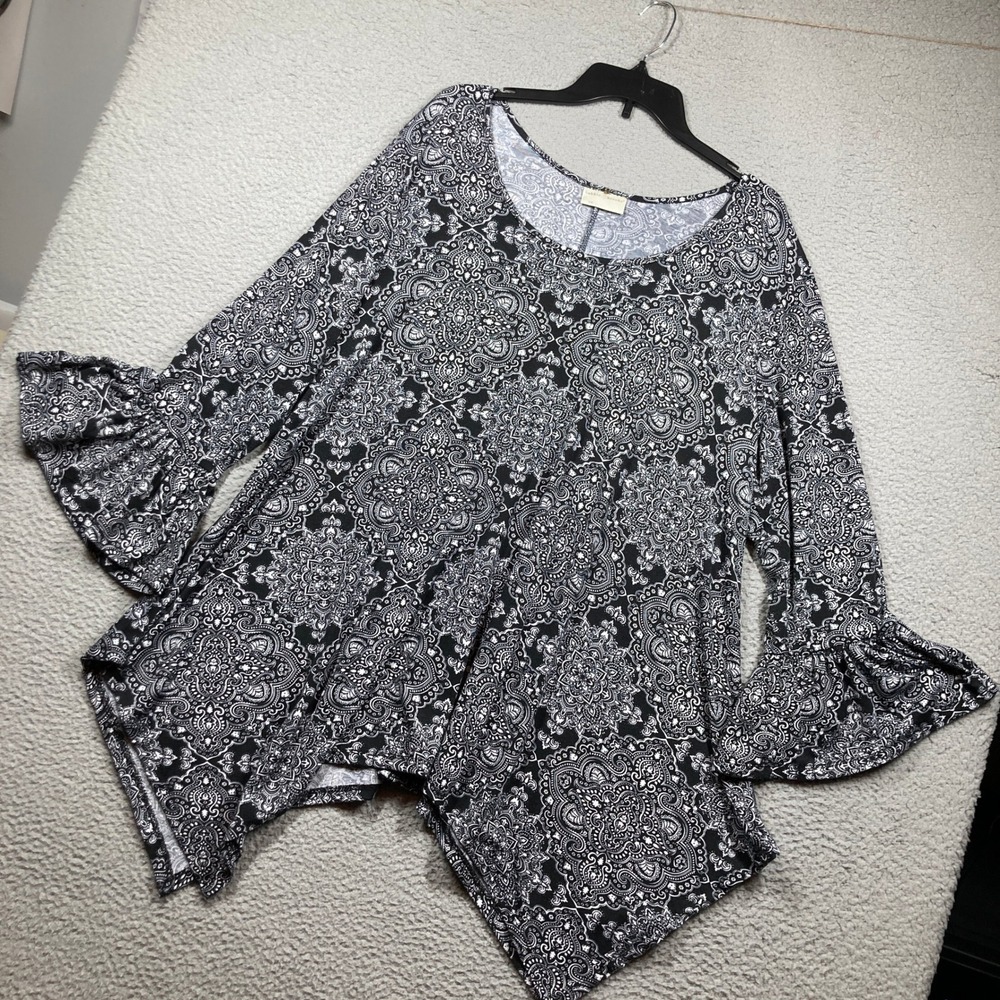 Vtg Bobbie Brooks Tunic Top Women 3X Black White Paisley Sharkbite Bell Sleeve
